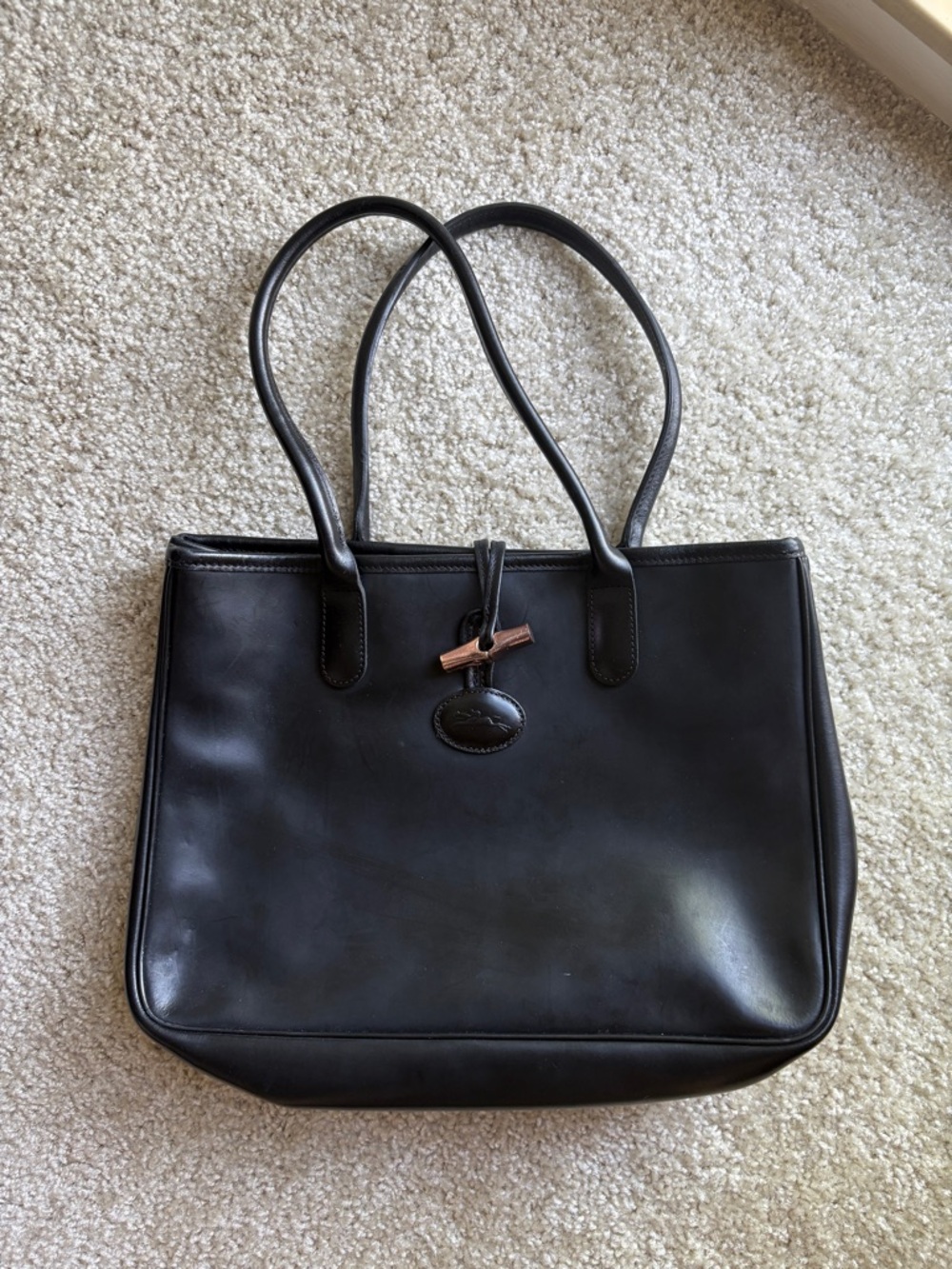 Longchamp Black Leather Shoulder Tote with Toggle Detail
